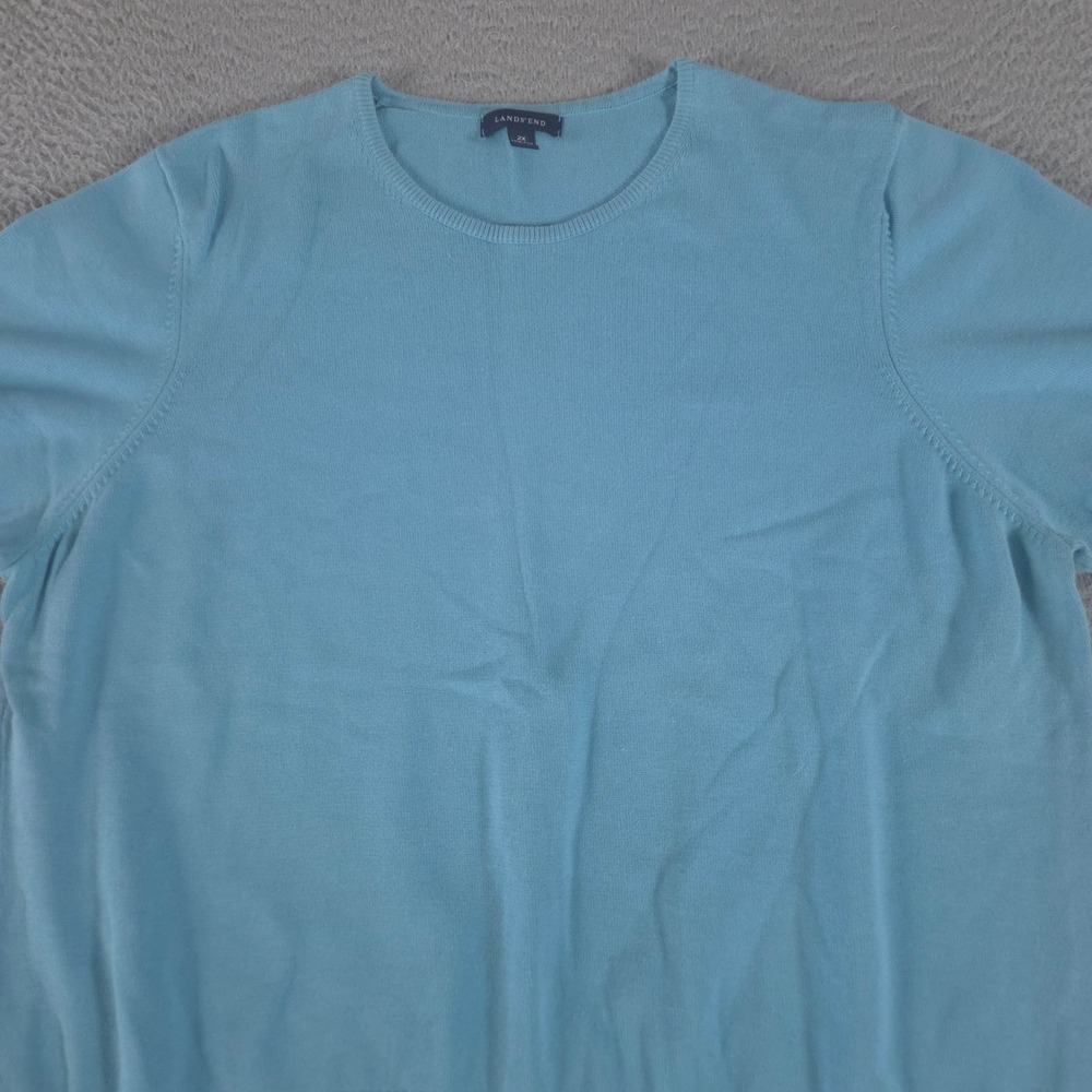 Lands End Sweater Womens 2X Aqua Blue Supima Cotton Short Sleeve Knit Top Crew